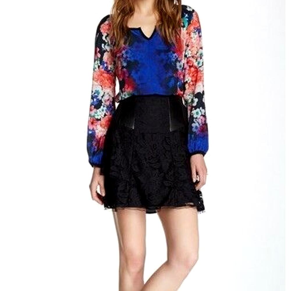 New Nanette Lepore Fall For U Leather and Lace Mini Skirt $328 Black Size 2